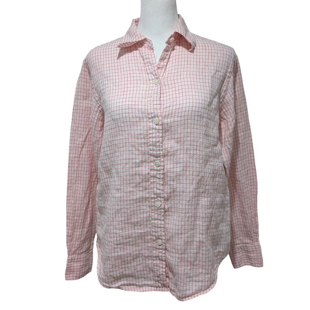 Brooks Brothers Pink White Gingham 100% Irish Linen Button Down Shirt Coastal 10
